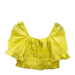 100% Cotton Embroidered Yellow Puff Sleeve Square Neck Crop Blouse Summer Top L